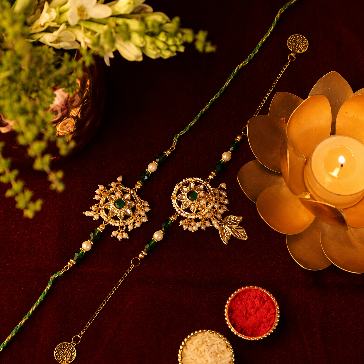 Green Kundan Bhaiya Bhabhi Rakhi Set
