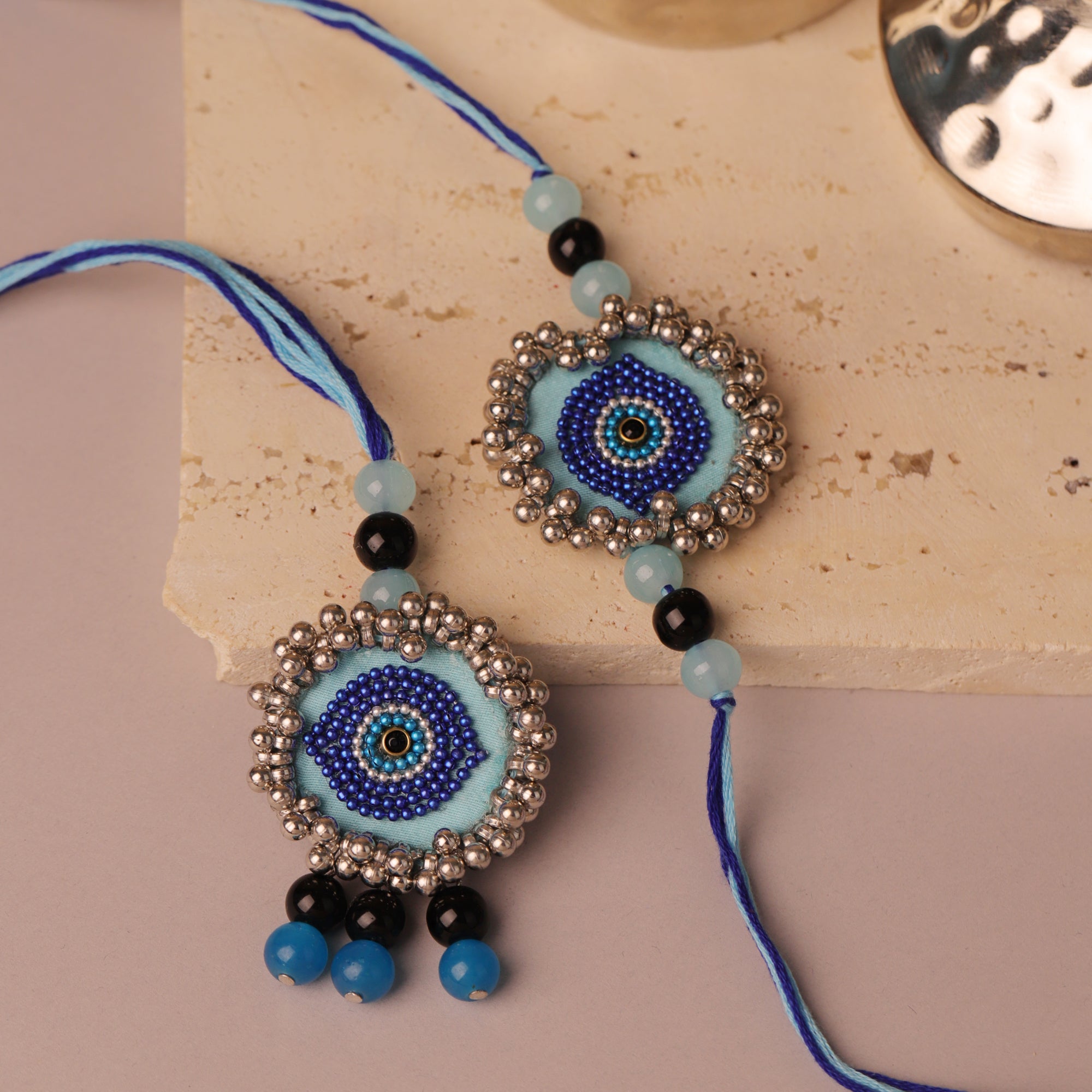 Evil Eye Beaded Bhaiya Bhabhi Rakhi Set