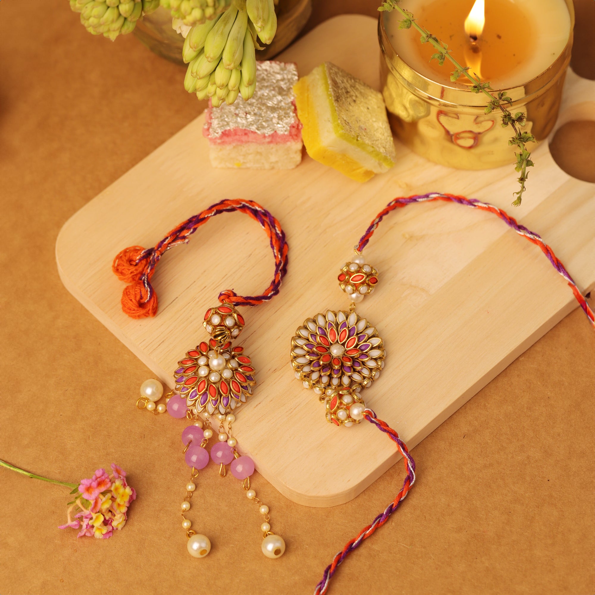 Floral Beads Bhaiya BHabhi Rakhi Set