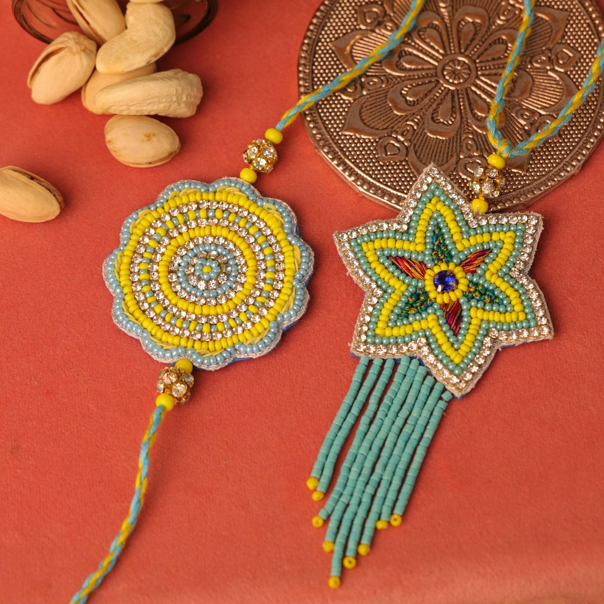 Blue And Yellow Bead Bhaiya Bhabhi Rakhi Set