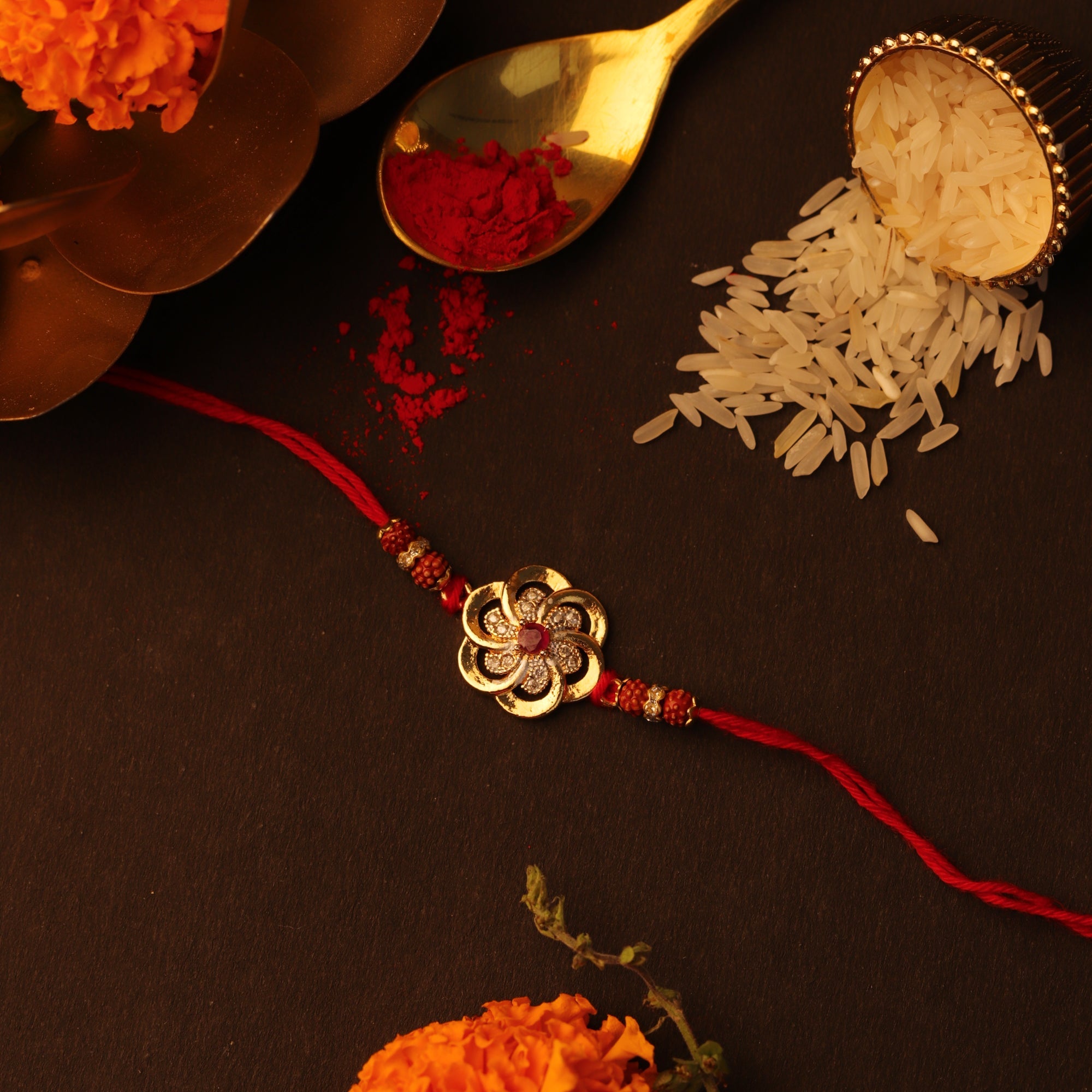 Golden Floral Stone Rakhi