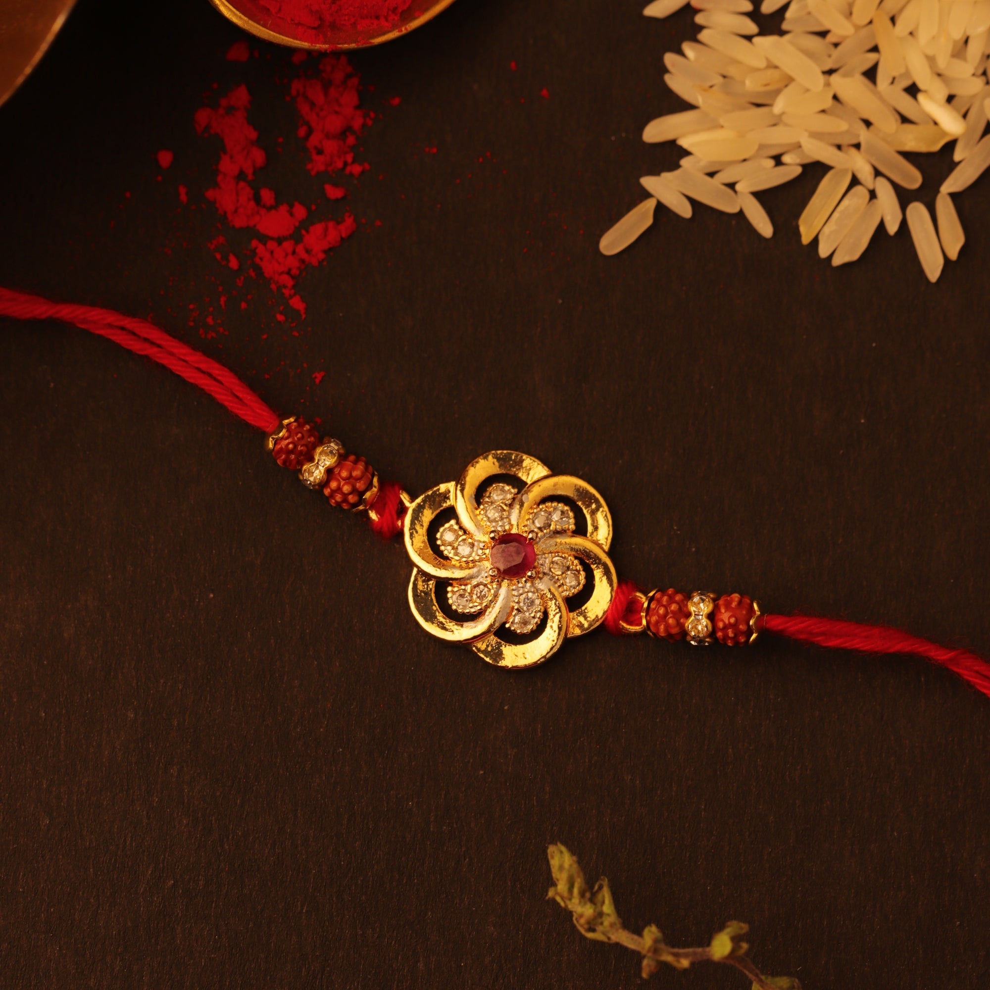 Golden Floral Stone Rakhi