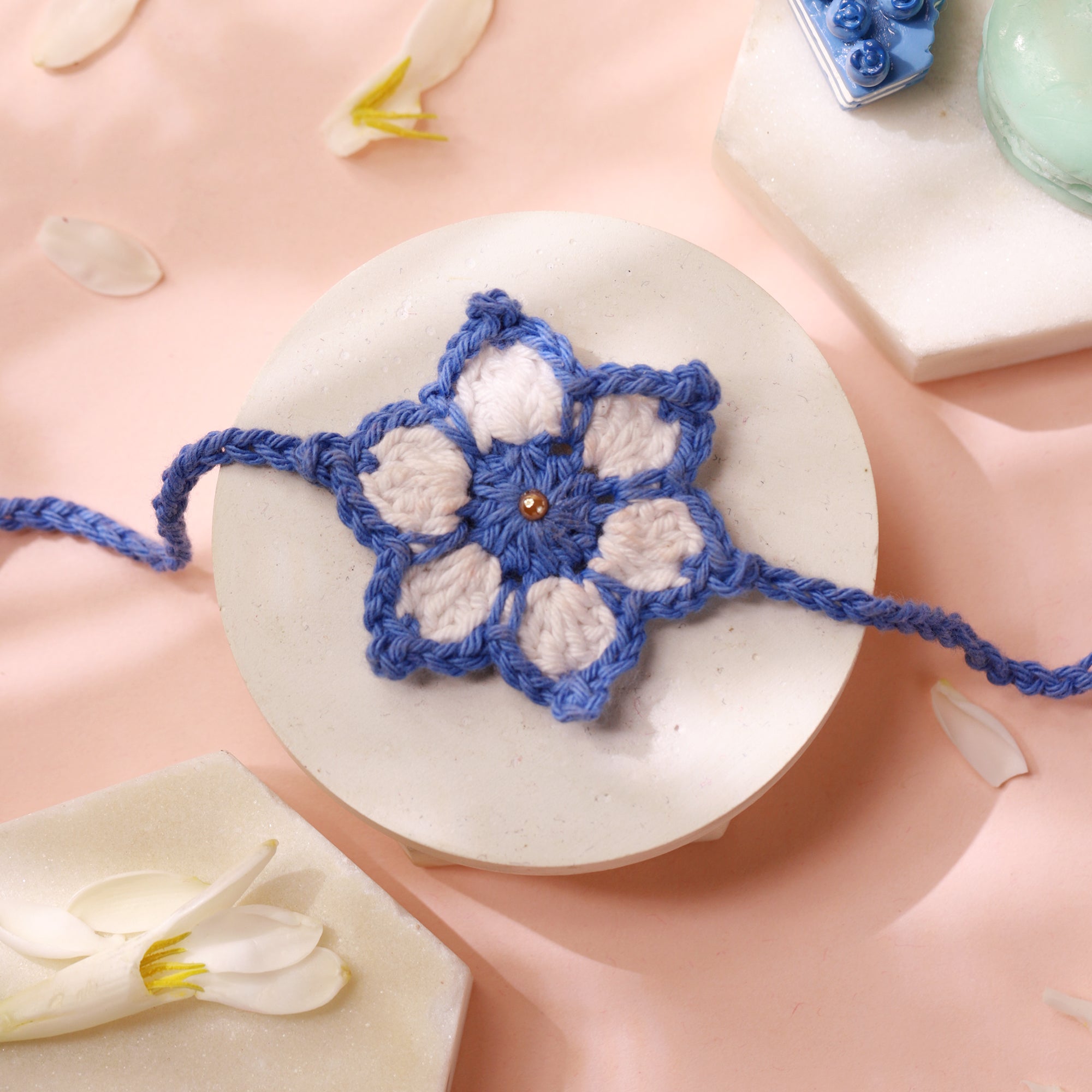 White Blue Crocheted Floral Rakhi