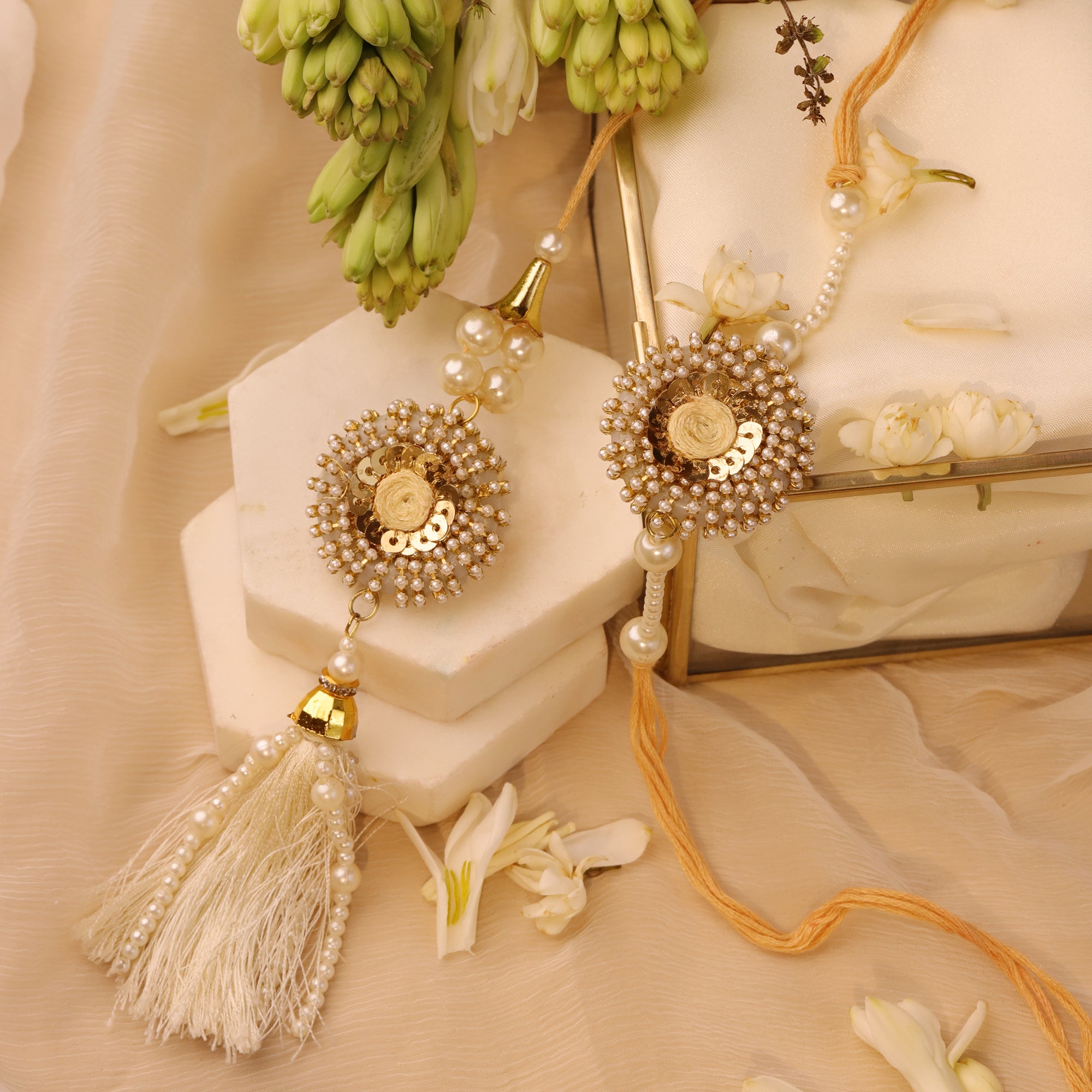 Golden Cowry Shell Bhaiya Bhabhi Rakhi Set