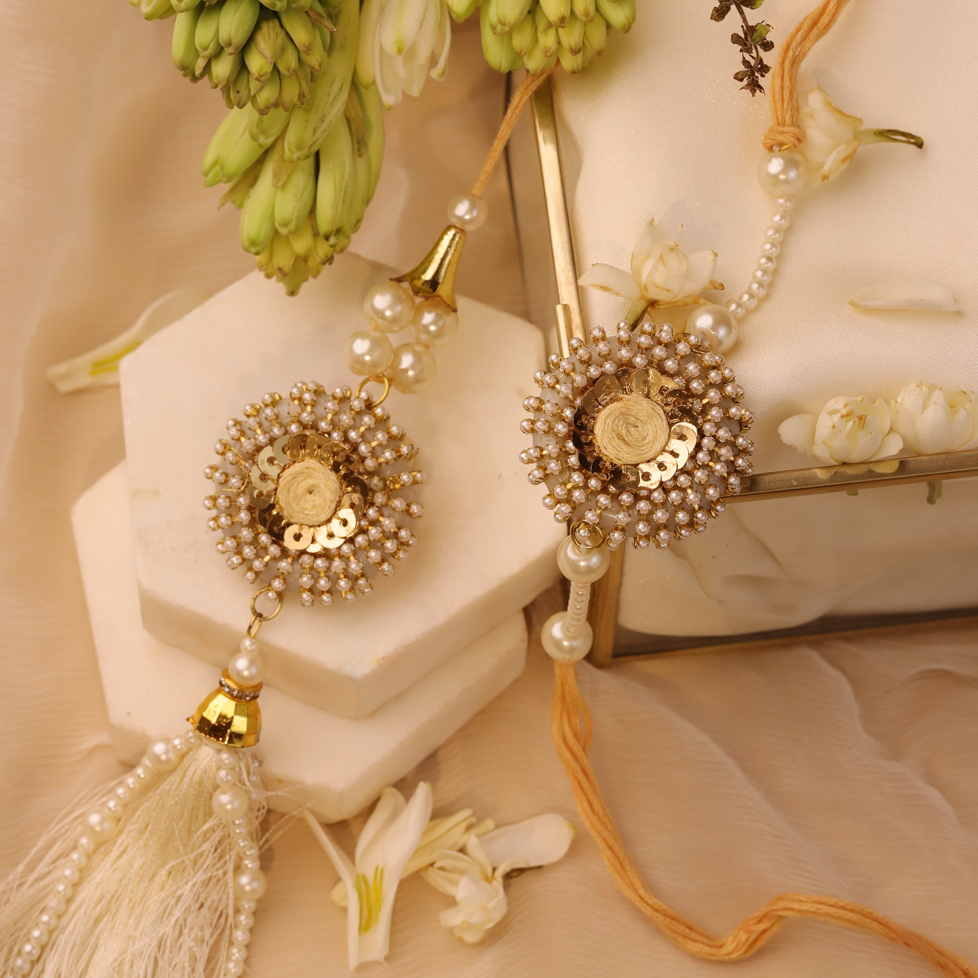 Golden Cowry Shell Bhaiya Bhabhi Rakhi Set