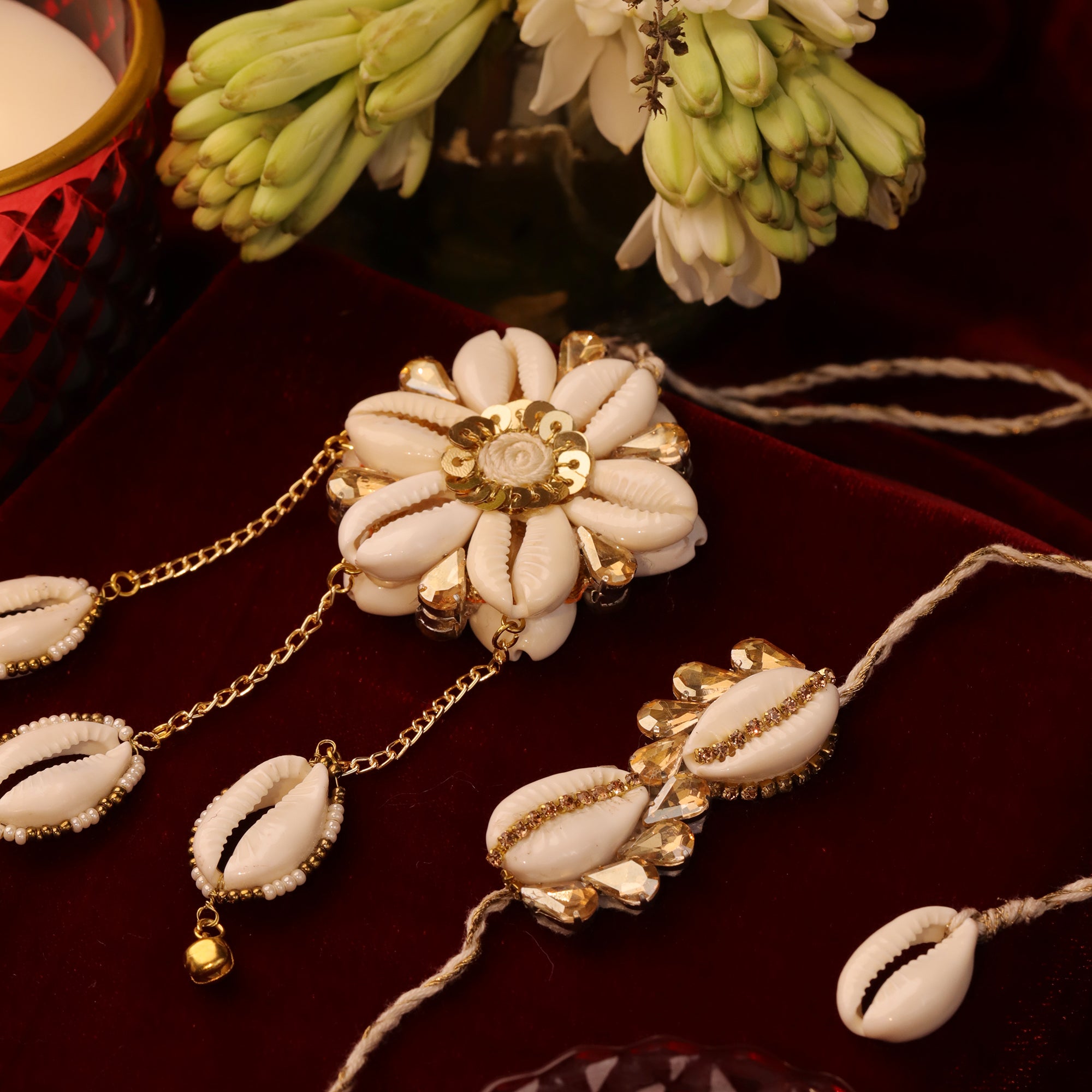 Golden Cowry Shell Beadwork Bhaiya Bhabhi Rakhi Set