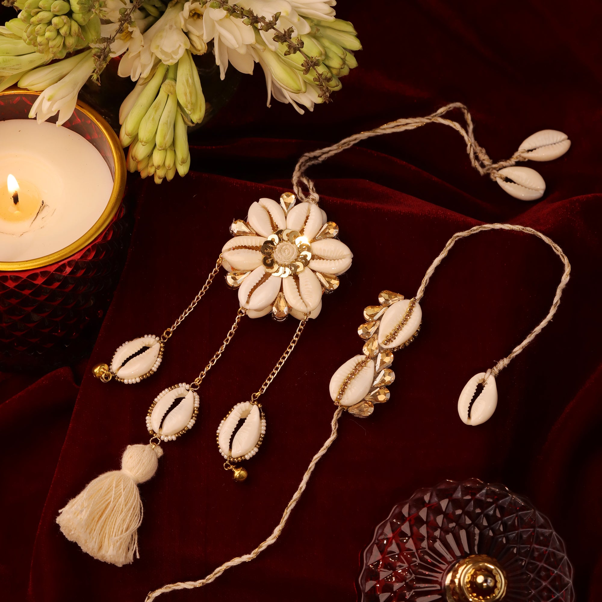 Golden Cowry Shell Beadwork Bhaiya Bhabhi Rakhi Set