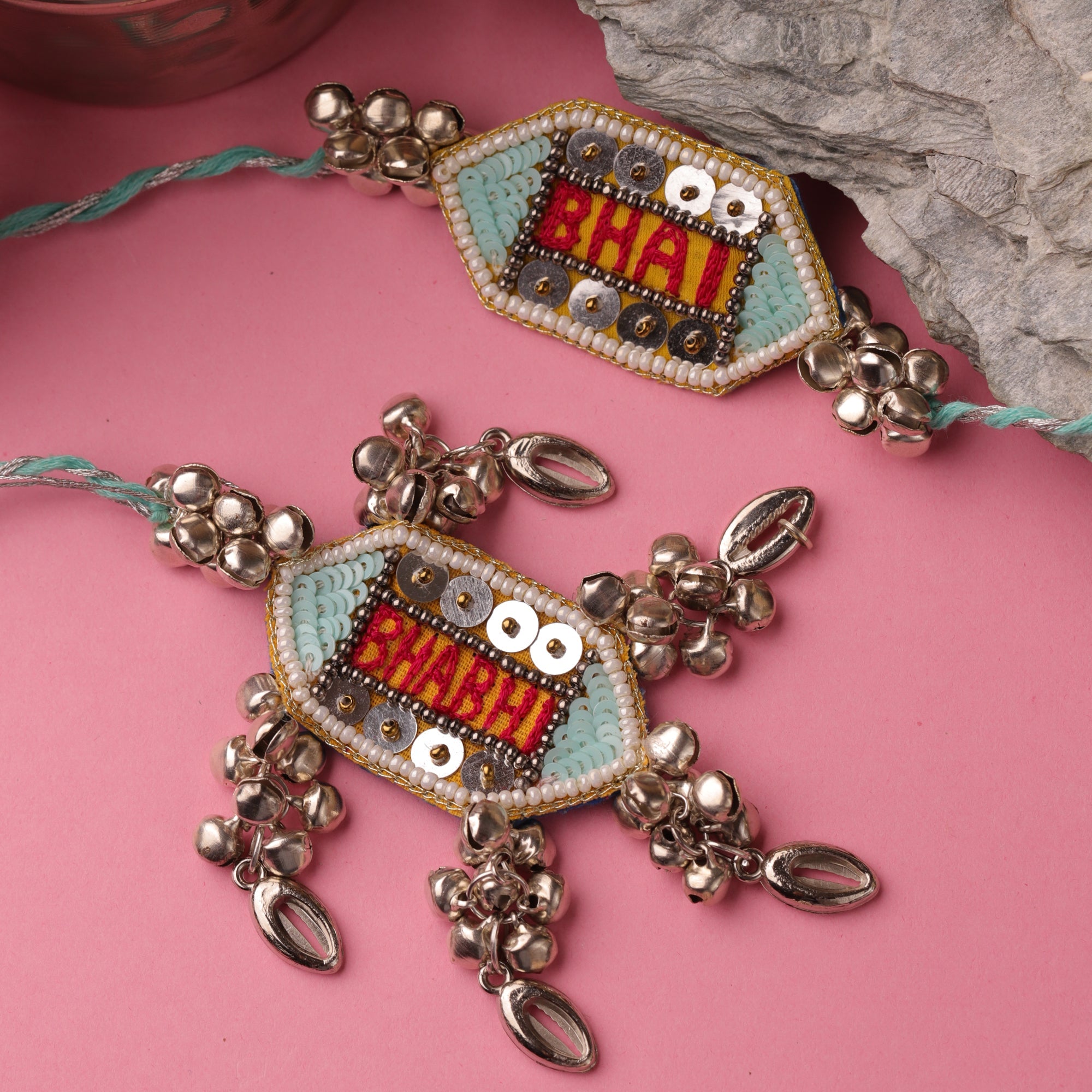 Boho Embroidered Bhaiya Bhabhi Rakhi Set