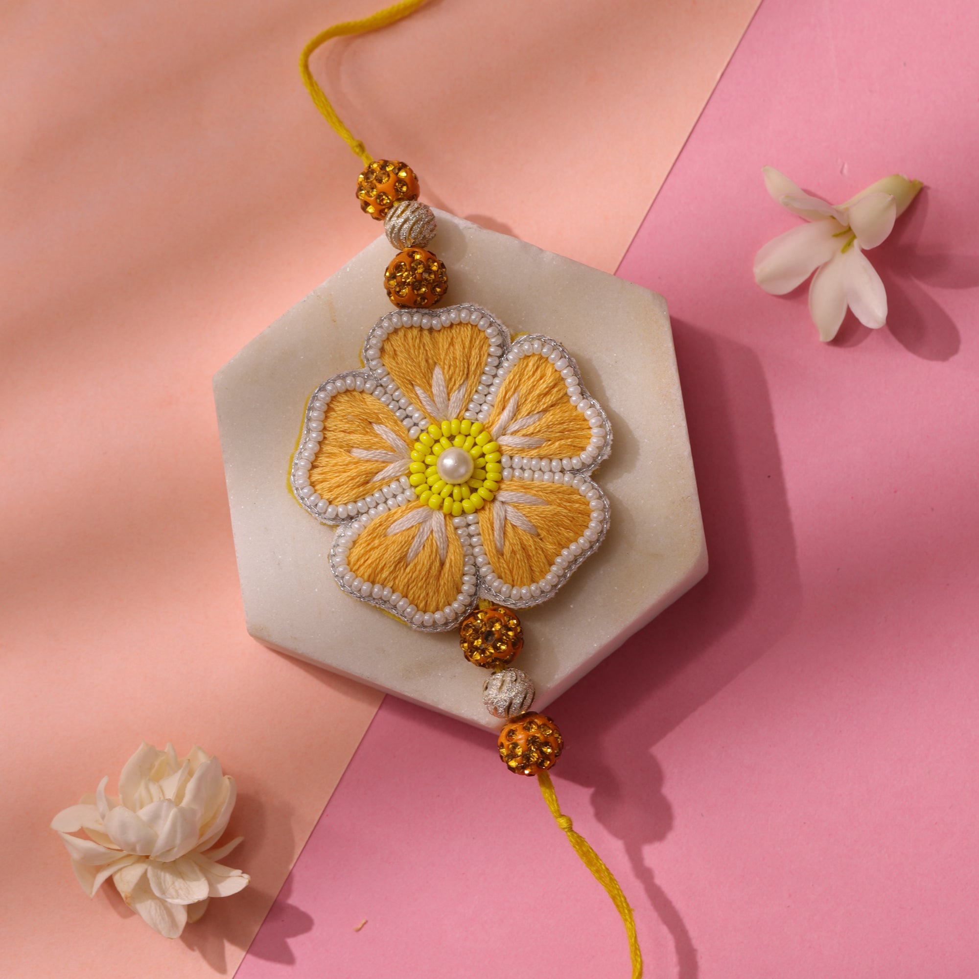 Yellow Flower hand embroidery Rakhi